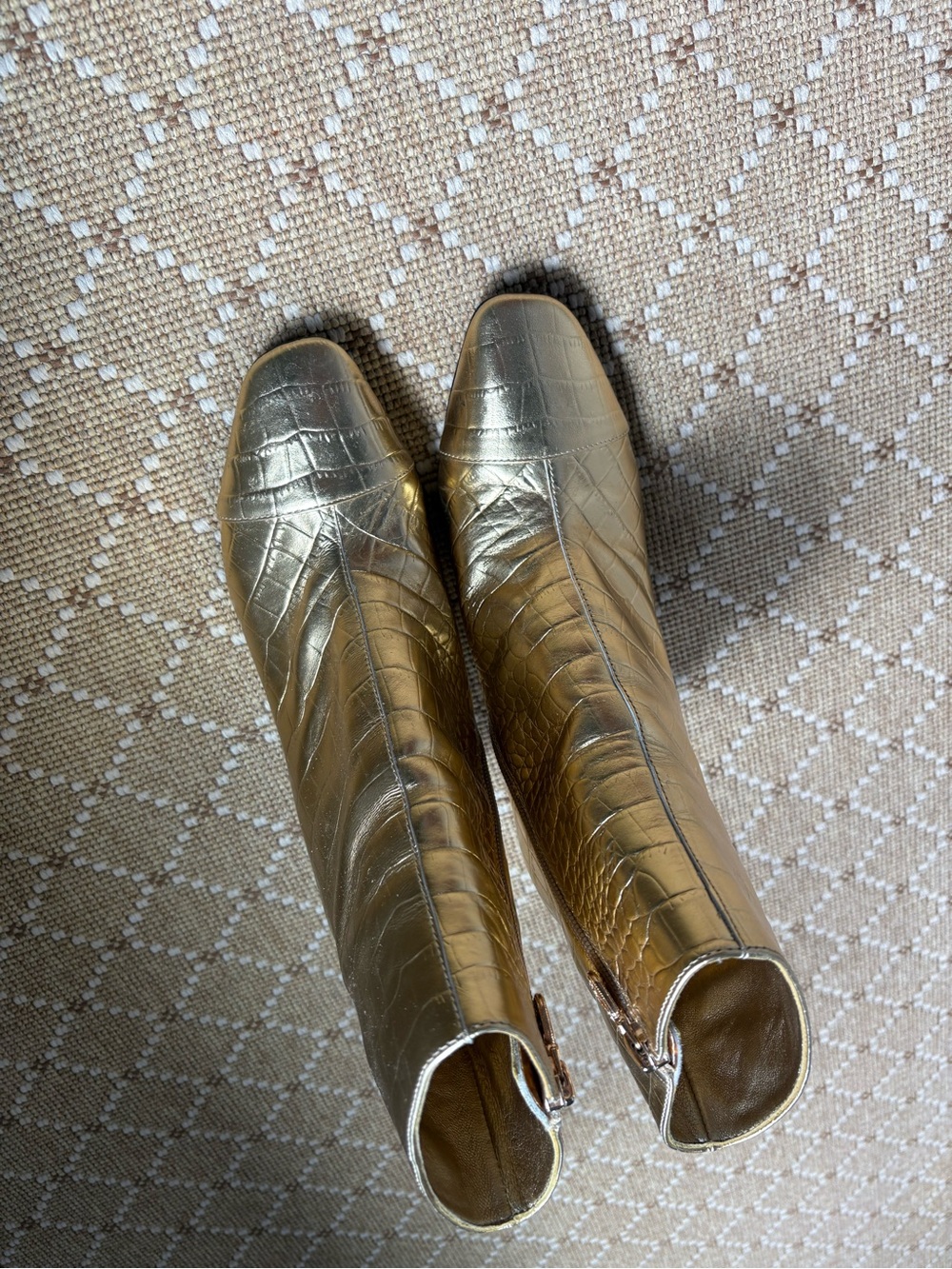 Gold Croc-Embossed Women's Ankle Booties with Square Toe